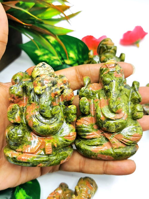 Unakite Handmade Carving of Ganesh - Lord Ganesha Idol/Murti in Crystals and Gemstones - Reiki/Chakra/Healing - 3 inches and 220 gms | ONE STATUE ONLY