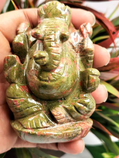 Unakite Handmade Carving of Ganesh - Lord Ganesha Idol/Murti in Crystals and Gemstones - Reiki/Chakra/Healing - 3 inches and 220 gms | ONE STATUE ONLY