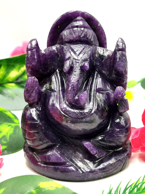 Gemstone Lepidolite Carving of Ganesh - Lord Ganesha Idol in Crystals and Gemstones - Reiki/Chakra - 3.2 inch and 320 gms - ONE STATUE ONLY