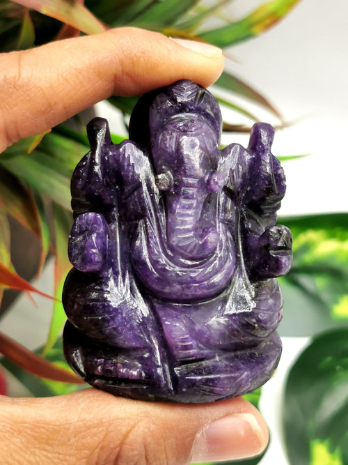Lepidolite Handmade Carving of Ganesh - Lord Ganesha Idol in Crystals and Gemstones - Reiki/Chakra - 2 inch and 135 gms - ONE STATUE ONLY