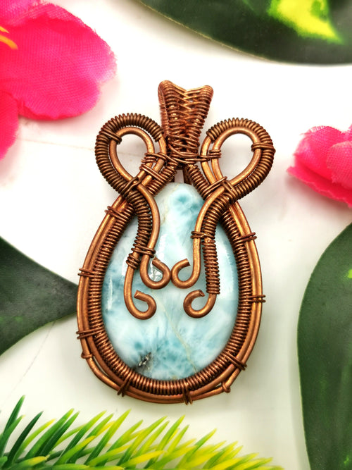 Gemstone jewelry - Stunning larimar pendant with intricate copper wire wrapping - gemstone/crystal jewelry | Mother's Day/engagement/birthday gift