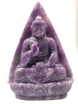 LepidoliteCrystal Buddha - handmade carving of serene and meditating Lord Buddha - crystal home decor - 6.5 inches and 0.95 kg (2.09 lb)