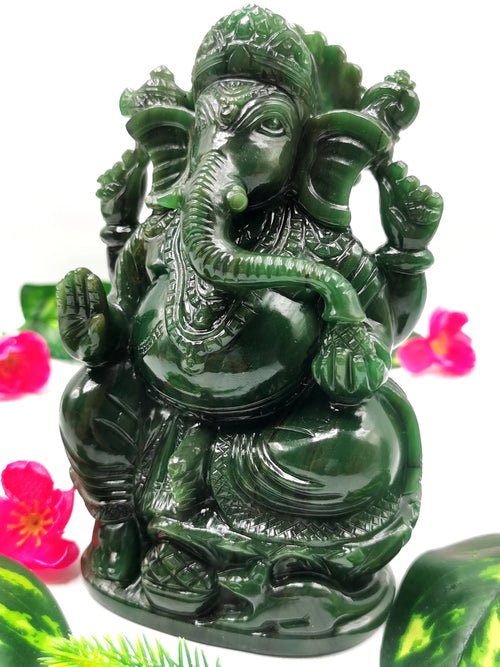 Columbian Jade gemstone Handmade Carving of Ganesh - Lord Ganesha Idol in Crystals and Gemstones - Reiki/Chakra - 6 inch and 1.27 kgs (2.79 lb)