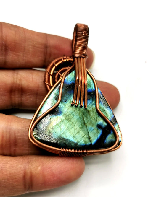 Floral carving pendant in Labradorite in intricate copper wire wrap - gemstone/crystal jewelry | Wedding/Anniversary/Birthday gift