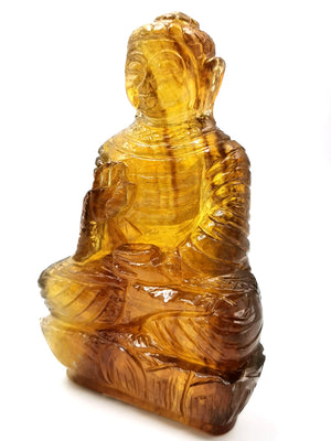 Gemstone Yellow Fluorite Buddha - handmade carving of serene and meditating Lord Buddha - crystal/reiki/healing - 5.5 inches and 620 gms (1.36 lb)