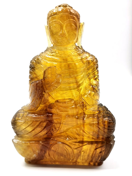 Gemstone Yellow Fluorite Buddha - handmade carving of serene and meditating Lord Buddha - crystal/reiki/healing - 5.5 inches and 620 gms (1.36 lb)