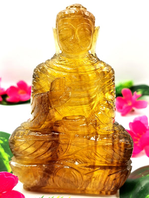 Gemstone Yellow Fluorite Buddha - handmade carving of serene and meditating Lord Buddha - crystal/reiki/healing - 5.5 inches and 620 gms (1.36 lb)