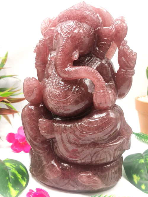 Strawberry Quartz Gemstone Handmade Carving of Ganesh - Lord Ganesha Idol in Crystals and Gemstones - Reiki/Chakra - 8.5 inch and 3.69 kg (8.12 lb)