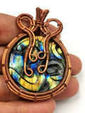 Labradorite Pendant with carving of OM symbol in intricate copper wire wrap - gemstone/crystal jewelry | Wedding/Anniversary/Birthday gift