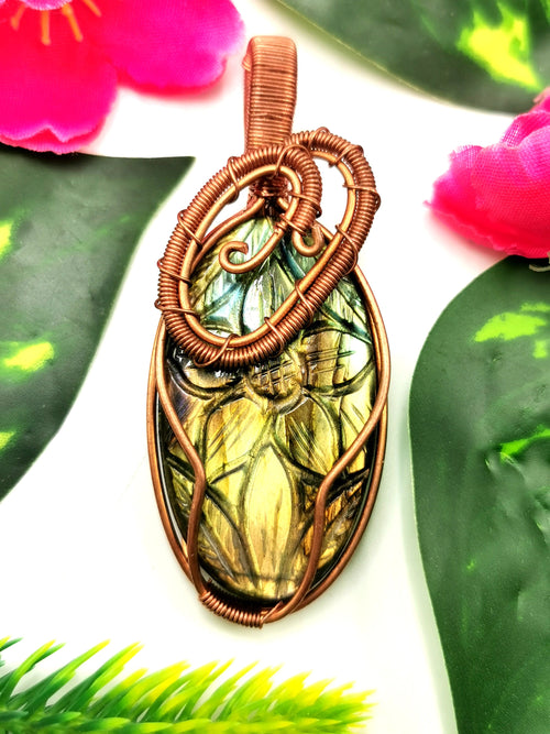 Amazing Labradorite Pendant with floral carving in intricate copper wire wrap - gemstone/crystal jewelry | Wedding/Anniversary/Birthday gift