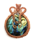 Beautiful Labradorite Pendant with Om carving in intricate copper wire wrap - gemstone/crystal jewelry | Wedding/Anniversary/Birthday gift