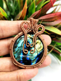 Beautiful Labradorite Pendant with Om carving in intricate copper wire wrap - gemstone/crystal jewelry | Wedding/Anniversary/Birthday gift