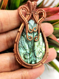 Beautiful Labradorite Pendant with peacock carving in intricate copper wire wrap -gemstone/crystal jewelry|Wedding/Anniversary/Birthday gift