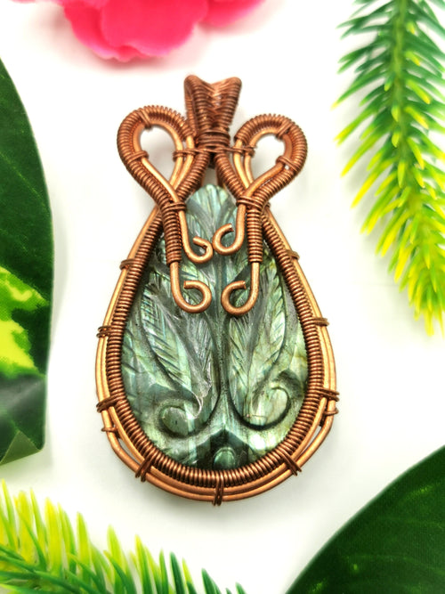 Beautiful Labradorite Pendant with peacock carving in intricate copper wire wrap -gemstone/crystal jewelry|Wedding/Anniversary/Birthday gift