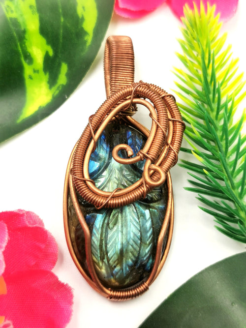 Unique Labradorite Pendant with floral carving in intricate copper wire wrap - gemstone/crystal jewelry | Wedding/Anniversary/Birthday gift
