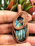 Unique Labradorite Pendant with floral carving in intricate copper wire wrap - gemstone/crystal jewelry | Wedding/Anniversary/Birthday gift