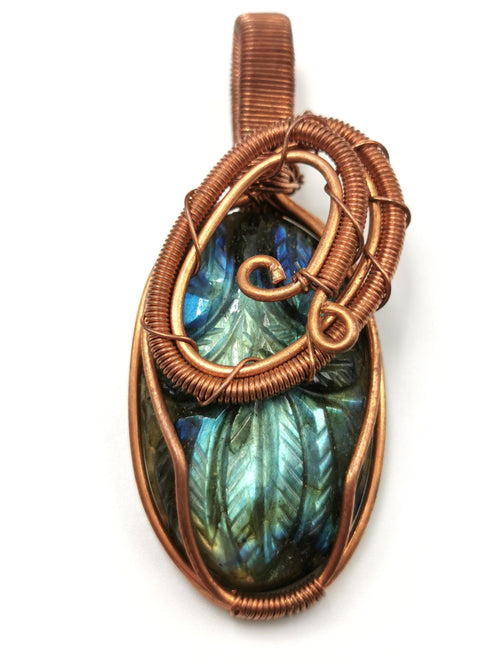 Unique Labradorite Pendant with floral carving in intricate copper wire wrap - gemstone/crystal jewelry | Wedding/Anniversary/Birthday gift