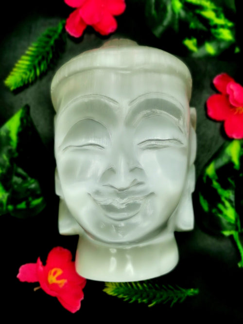 Selenite Buddha Face/Head - handmade carving of serene face of Lord Buddha - crystal/reiki/healing - 5.5 inches and 1.48 kg (3.26 lb)