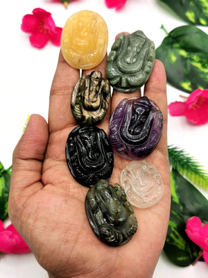 Gemstone Ganesh miniature carving set for pendant in various stones - gemstone/crystal jewelry | Reiki/Chakra/Healing with crystals - ONE LOT OF 7