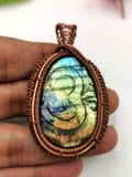 Unique Labradorite Pendant with Om carving in intricate copper wire wrap - gemstone/crystal jewelry | Wedding/Anniversary/Birthday gift