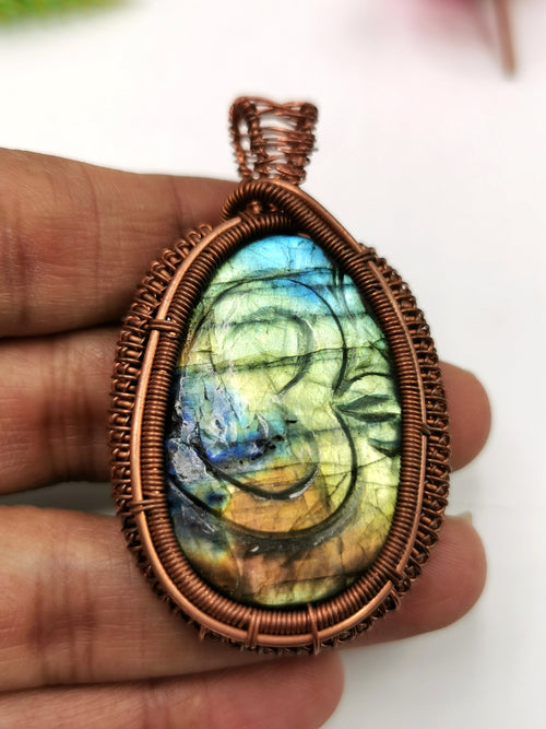 Unique Labradorite Pendant with Om carving in intricate copper wire wrap - gemstone/crystal jewelry | Wedding/Anniversary/Birthday gift