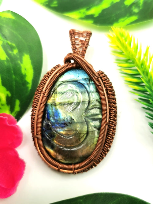 Unique Labradorite Pendant with Om carving in intricate copper wire wrap - gemstone/crystal jewelry | Wedding/Anniversary/Birthday gift