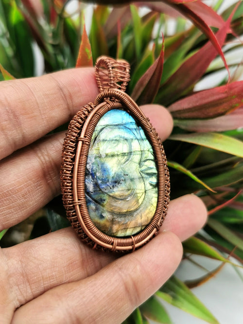 Unique Labradorite Pendant with Om carving in intricate copper wire wrap - gemstone/crystal jewelry | Wedding/Anniversary/Birthday gift