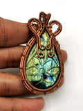 Awesome Labradorite stone pendant with floral carving in intricate copper wire wrap - gemstone/crystal jewelry | Wedding/Anniversary/Birthday gift