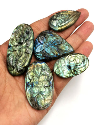 Floral carvings for pendant in labradorite stone as miniatures - Set of 5. - gemstone/crystal jewelry |Reiki/Chakra/Healing - 5 PIECES ONLY