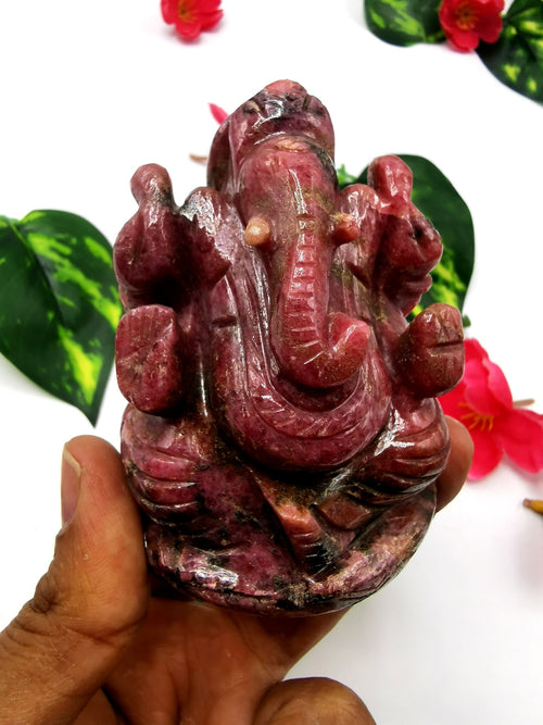 Ganesha in Rhodonite stone Handmade Carving  - Lord Ganesh Idol | Sculpture in Crystals/Gemstones - Reiki/Chakra/Healing - 3.5 inches and 450 gms