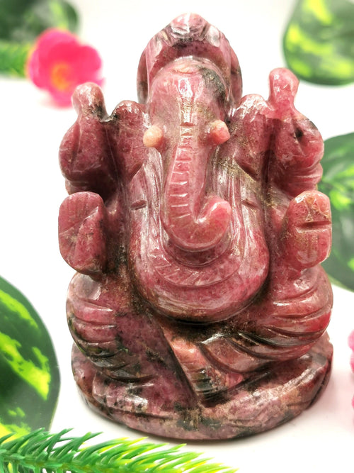 Ganesha in Rhodonite stone Handmade Carving  - Lord Ganesh Idol | Sculpture in Crystals/Gemstones - Reiki/Chakra/Healing - 3.5 inches and 450 gms