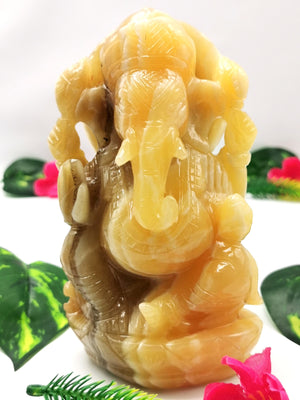 Yellow Calcite Handmade Carving of Ganesh - Lord Ganesha Idol in Crystals and Gemstones - Reiki/Chakra - 5.1 inch and 900 gms (1.98 lb)