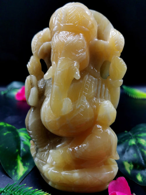 Yellow Calcite Handmade Carving of Ganesh - Lord Ganesha Idol in Crystals and Gemstones - Reiki/Chakra - 5.1 inch and 900 gms (1.98 lb)