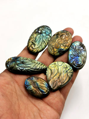 Set of six (6) miniature floral carvings for pendant in labradorite stone - gemstone/crystal jewelry |Reiki/Chakra/Healing - 6 PIECES ONLY