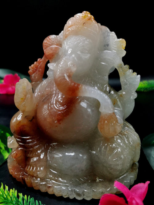 Red Quartz Handmade Carving of Ganesh - Lord Ganesha Idol in Crystals and Gemstones - Reiki/Chakra - 5 inch and 1.03 kgs (2.27 lb)