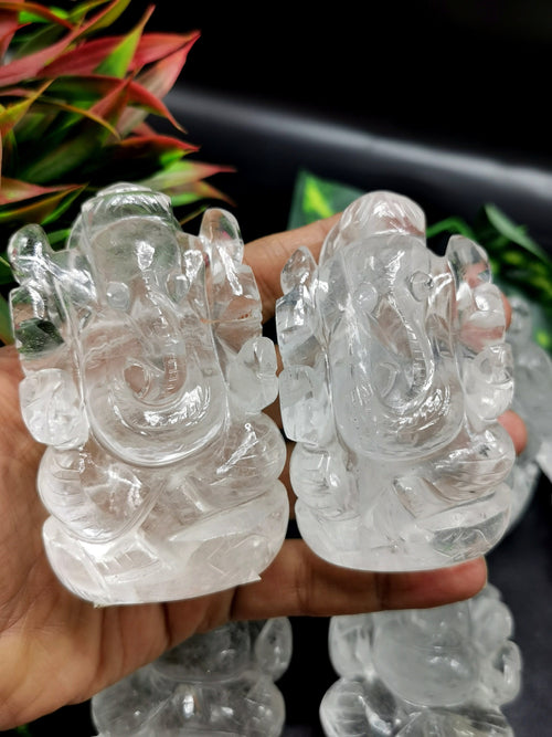 Ganesh idol in Clear Quartz Handmade Carving - Ganesha Idol |Sculpture in Crystals and Gemstones -2.5 inches and 240 gms - ONE STATUE ONLY