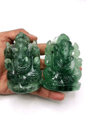 Fluorite Green - Handmade Carving of Ganesh - Lord Ganesha Idol/Sculpture in Crystals and Gemstones -Reiki/Chakra/Healing - 3.5 in and 0.35 kg