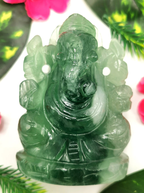 Fluorite Green - Handmade Carving of Ganesh - Lord Ganesha Idol/Sculpture in Crystals and Gemstones -Reiki/Chakra/Healing - 3.5 in and 0.35 kg