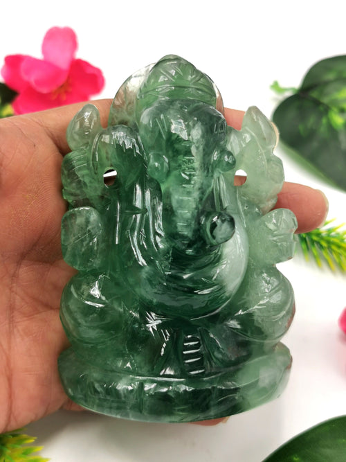 Fluorite Green - Handmade Carving of Ganesh - Lord Ganesha Idol/Sculpture in Crystals and Gemstones -Reiki/Chakra/Healing - 3.5 in and 0.35 kg