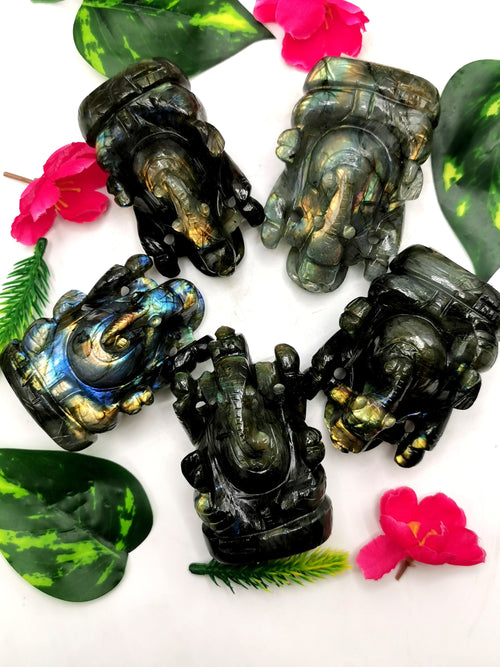 Labradorite Ganesh carving handmade with beautiful flash - Lord Ganesha Idol | Figurine in Crystals and Gemstones - 3 inches and 225 gm