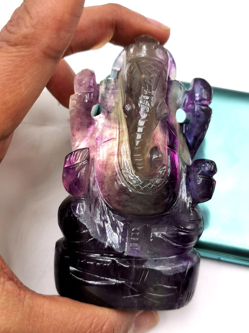 Multicolor Fluorite Handmade Carving of Ganesh - Lord Ganesha Idol/Murti in Crystals and Gemstones -Reiki/Chakra/Healing -3.5 in and 250 gm