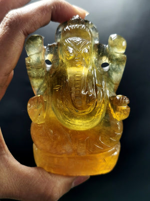 Carving of Lord Ganesh in Yellow Fluorite - Reiki/Chakra/Healing - 3.5 in and 390 gm