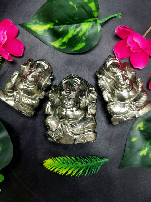 Pyrite crystal Handmade Carving of Ganesh - Lord Ganesha Idol | Figurine in Crystals and Gemstones - 2 inches and 122 gms - ONE STATUE ONLY