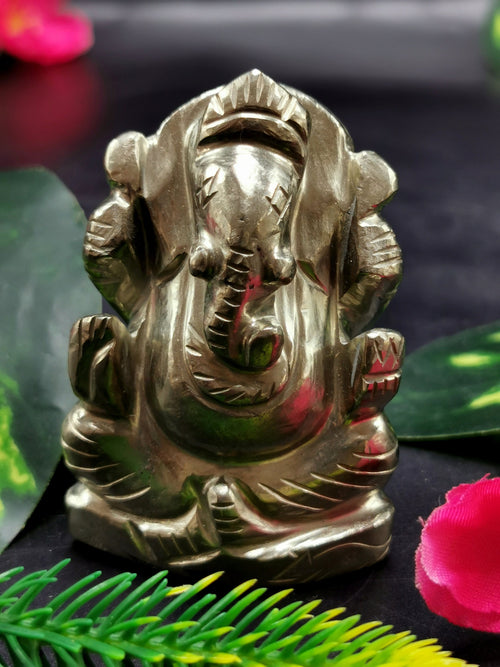 Pyrite crystal Handmade Carving of Ganesh - Lord Ganesha Idol | Figurine in Crystals and Gemstones - 2 inches and 122 gms - ONE STATUE ONLY
