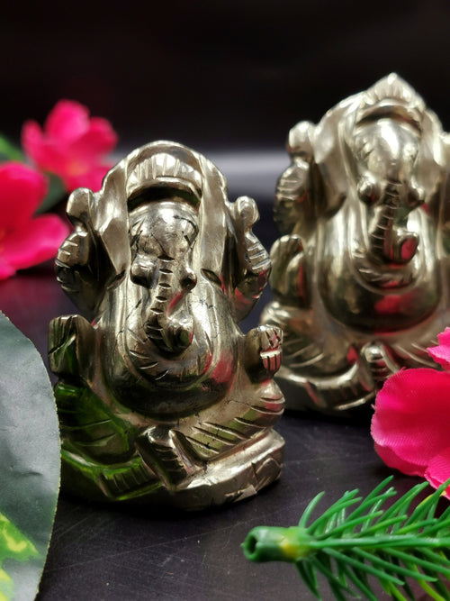 Pyrite crystal Handmade Carving of Ganesh - Lord Ganesha Idol | Figurine in Crystals and Gemstones - 2 inches and 122 gms - ONE STATUE ONLY