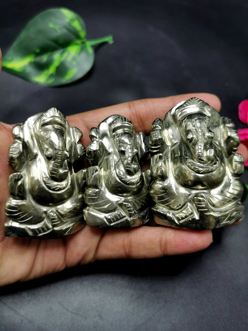 Pyrite crystal Handmade Carving of Ganesh - Lord Ganesha Idol | Figurine in Crystals and Gemstones - 2 inches and 122 gms - ONE STATUE ONLY
