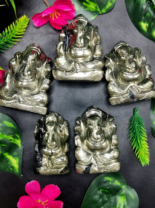 Pyrite gemstone Handmade Carving of Ganesh - Lord Ganesha Idol | Figurine in Crystals and Gemstones - 2.5 inches and 245 gms - ONE STATUE ONLY