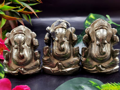 Pyrite gemstone Handmade Carving of Ganesh - Lord Ganesha Idol | Figurine in Crystals and Gemstones - 2.5 inches and 245 gms - ONE STATUE ONLY