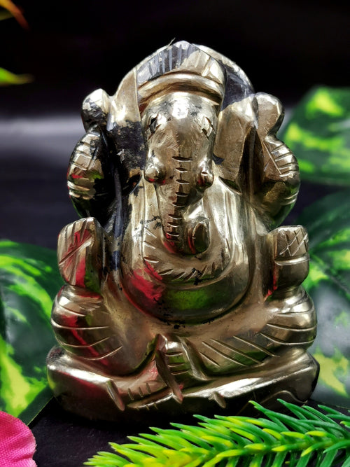 Pyrite gemstone Handmade Carving of Ganesh - Lord Ganesha Idol | Figurine in Crystals and Gemstones - 2.5 inches and 245 gms - ONE STATUE ONLY