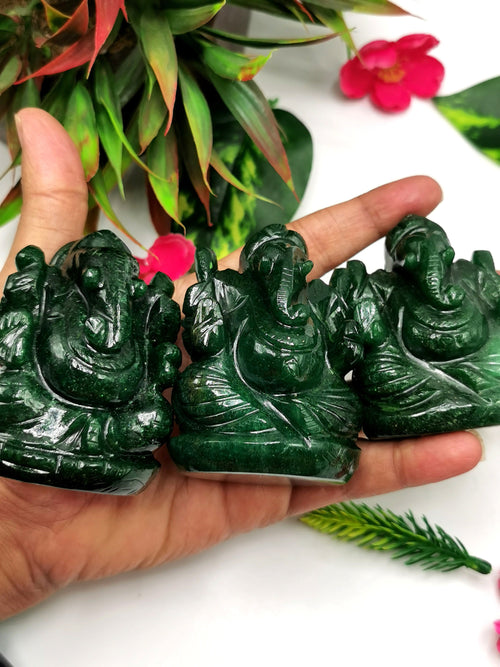 Gemstone Dark Green Aventurine Handmade Carving of Ganesh - Lord Ganesha Idol in Crystals/Gemstone -Reiki/Chakra -2.5 in and 210 gms -ONE STATUE ONLY